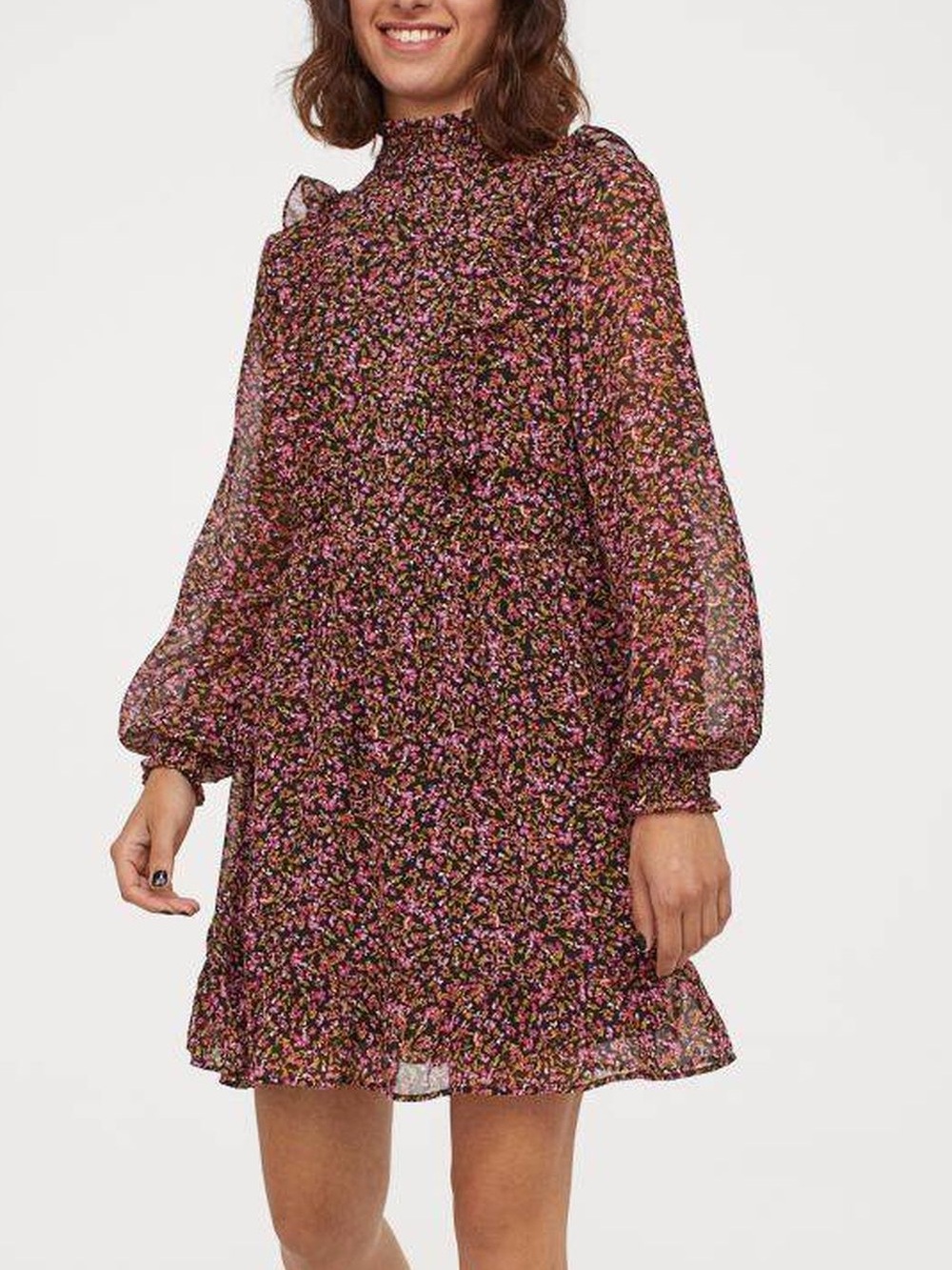 H&M Floral High Neck Smocked Mini Dress Long Sleeve XXS NWT